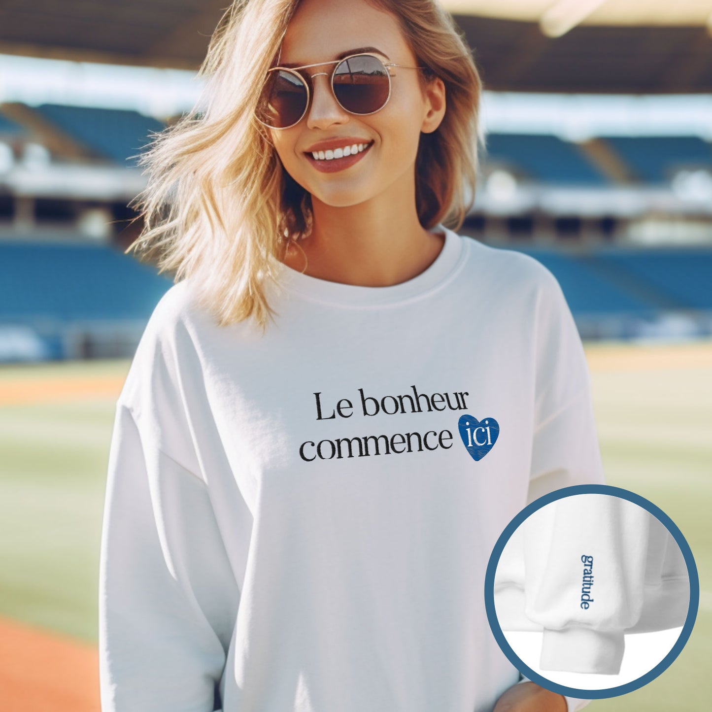 Sweat-shirt positif "Le bonheur commence ici" bleu