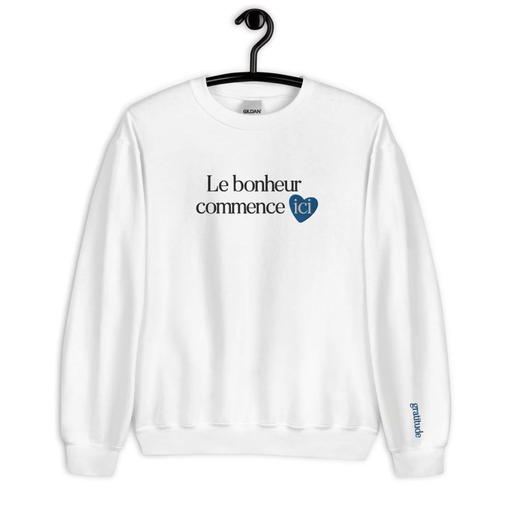 Sweat-shirt positif "Le bonheur commence ici" bleu