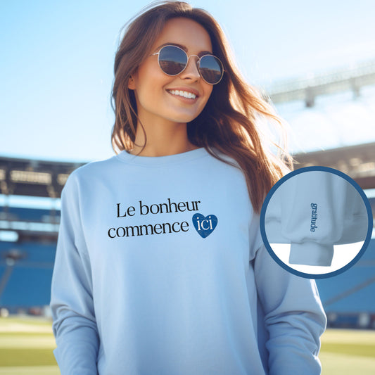 Sweat-shirt positif "Le bonheur commence ici" bleu