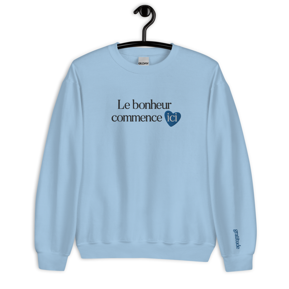 Sweat-shirt positif "Le bonheur commence ici" bleu