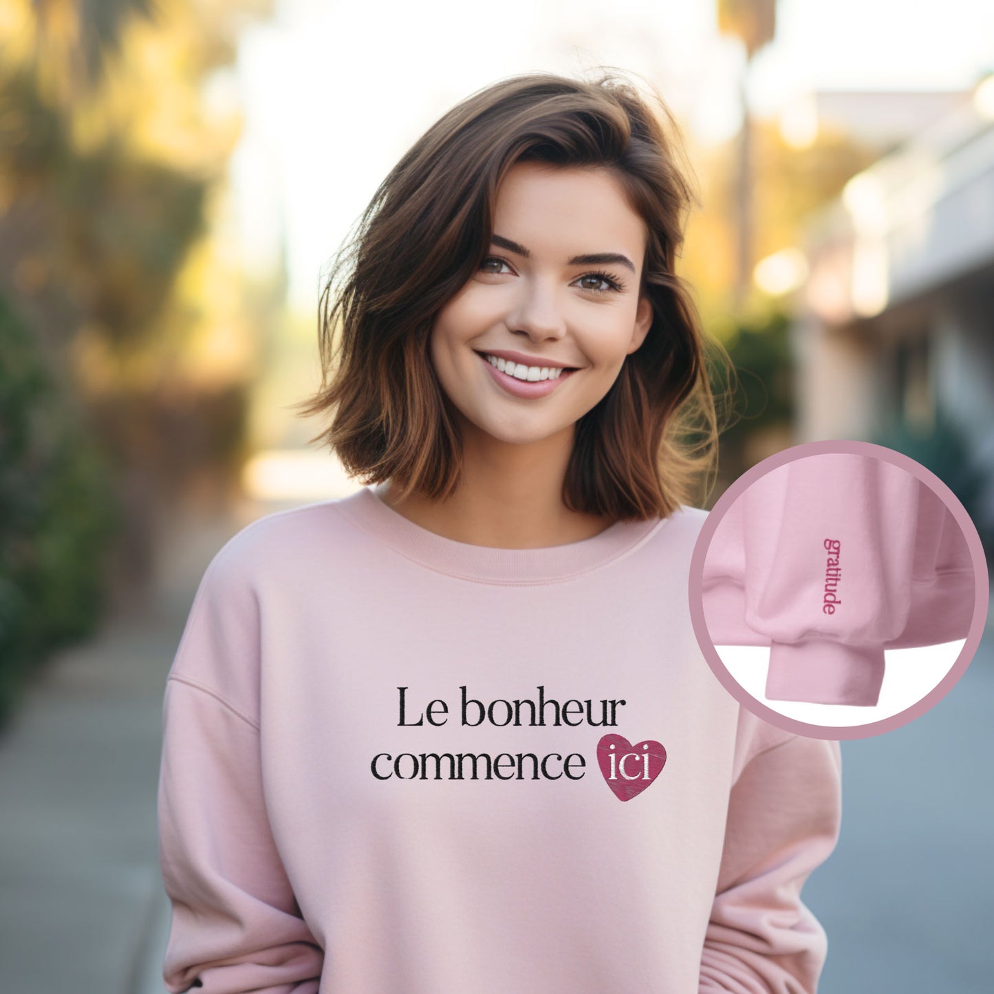 Sweat-shirt positif "Le bonheur commence ici" rose