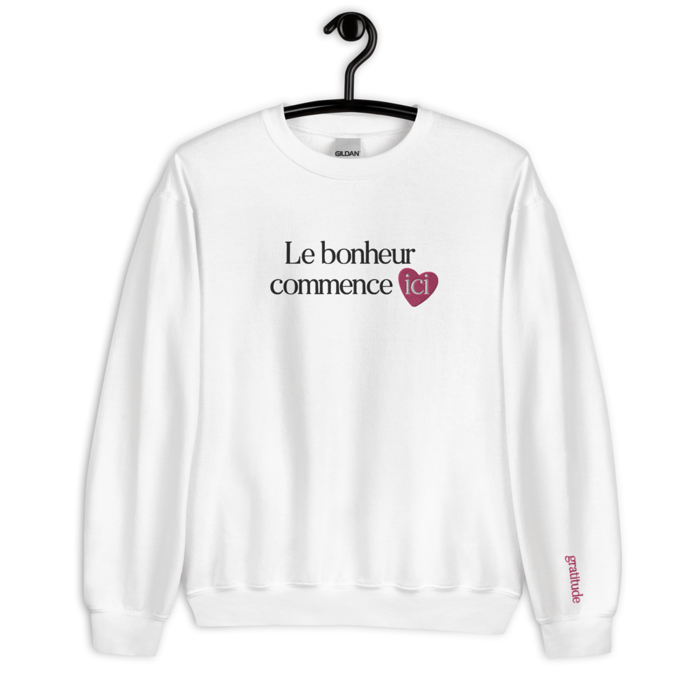 Sweat-shirt positif "Le bonheur commence ici" rose